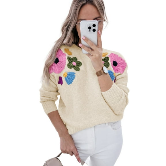 Women's Beige Knitted Flower Pattern Ribbed Edge Sweater