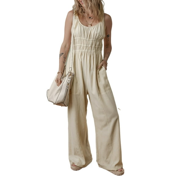 Women's Beige Ruched High Waist Sleeveless Wide Leg Jumpsuit - Chic and Versatile Summer Style | [ZhiHiMeRi] | (US 16-18)XL