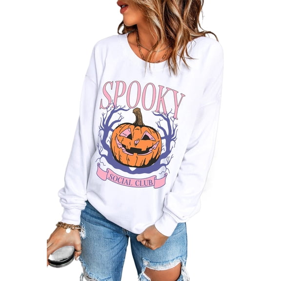Women's Beige SPOOKY SOCIAL CLUB Halloween Pumpkin Face Graphic Sweatshirt | [ZhiHiMeRi] | (US 20-22)2XL
