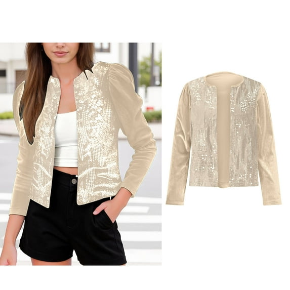 Women's Beige Sequin Jackets for Women Long Sleeve Sparkle Cardigan Sequin Top Women