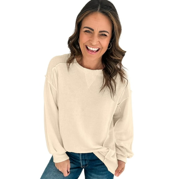 Women's Beige Splicing Round Neck Pullover Sweatshirt - [ZhiHiMeRi] | (US 12-14)L