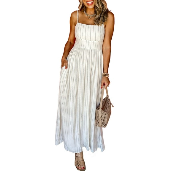 Women's Beige Stripe Spaghetti Strap Pocketed High Waist Maxi Dress - Perfect for Summer | [ZhiHiMeRi] | (US 16-18)XL