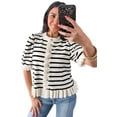 thumbnail image 1 of Women's Beige Striped Knit Cardigan – Ruffle Trim Button Down Short Sleeve Top, XL, 1 of 11