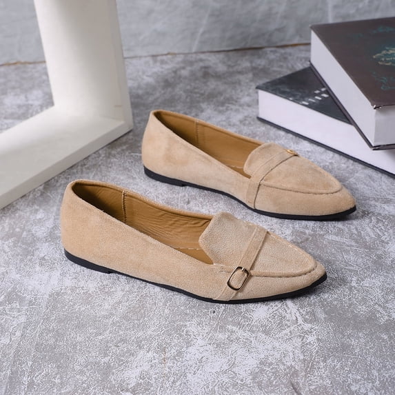 Women's Beige Suede Flat Loafers, Casual Slip-On Dress Shoes with Buckle Detail