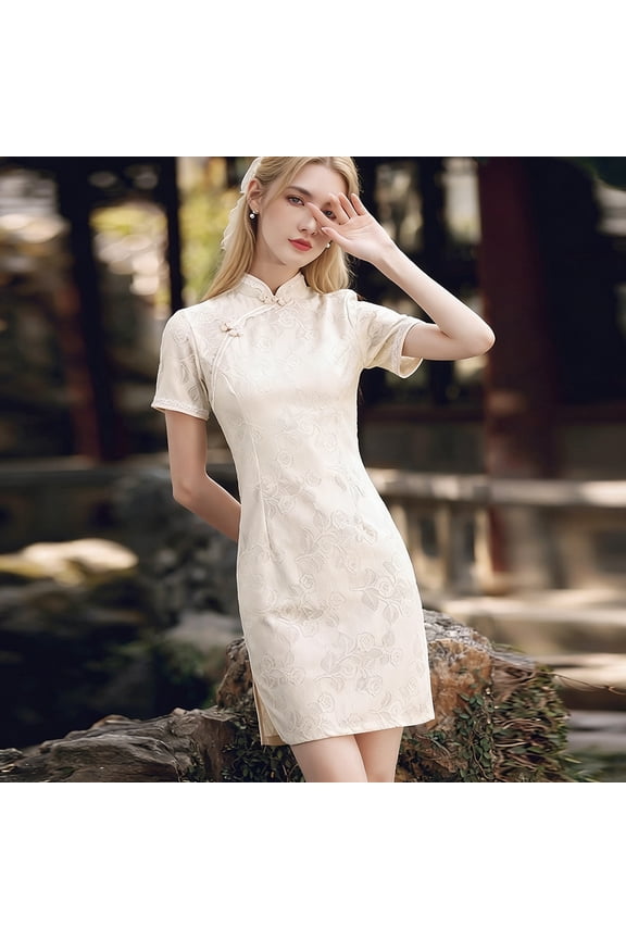 Women's Beige Vintage Cheongsam Dress - Elegant Slim Fit Short Sleeve Qipao, High Quality Formal & Casual Show Costume, S-2XL