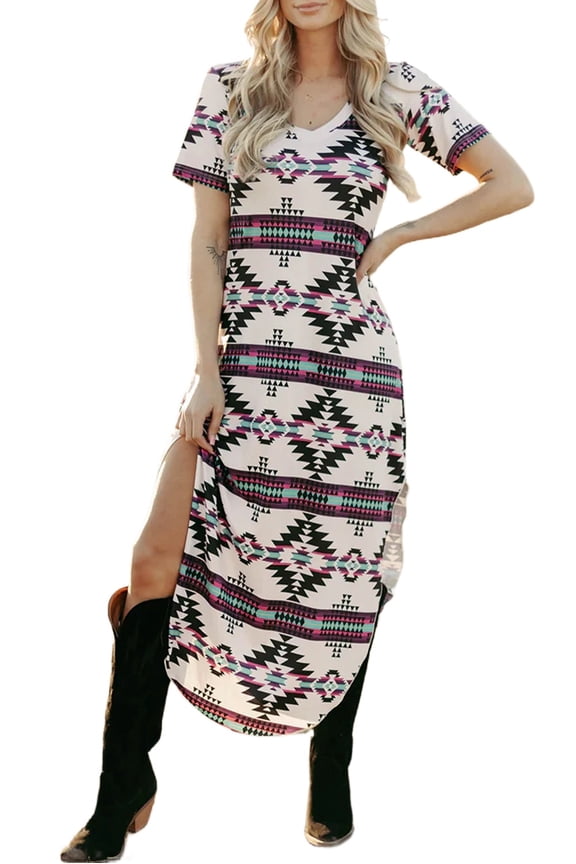 Women's Beige Western Aztec Printed Long T-Shirt Dress with V Neck and Side Slits | [ZhiHiMeRi] | (US 12-14)L
