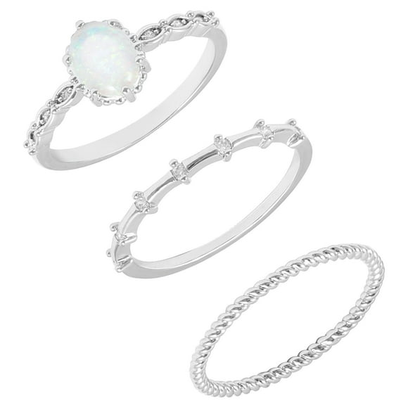 Women's Believe in Brilliance Fine Silver Plate Opal Ring with AAA CZ Stones in Size 9.