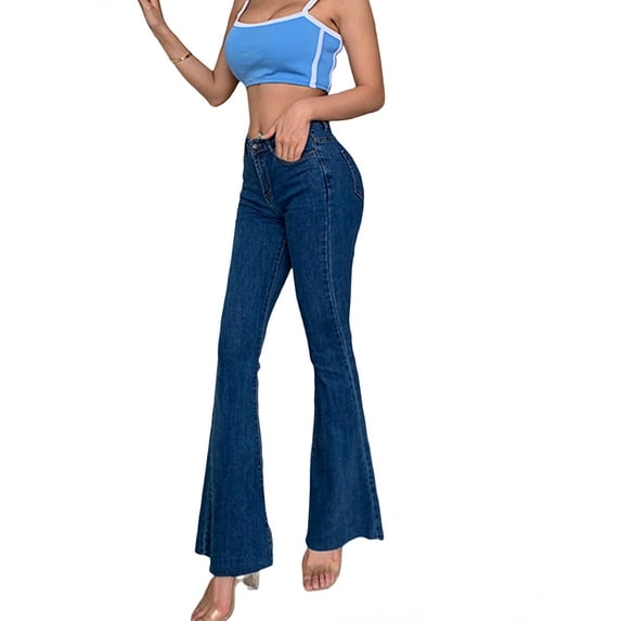 Women's Bell Bottom Jeans High Waisted Stretch Slim Fit Flare Denim Pants Dark Blue XL