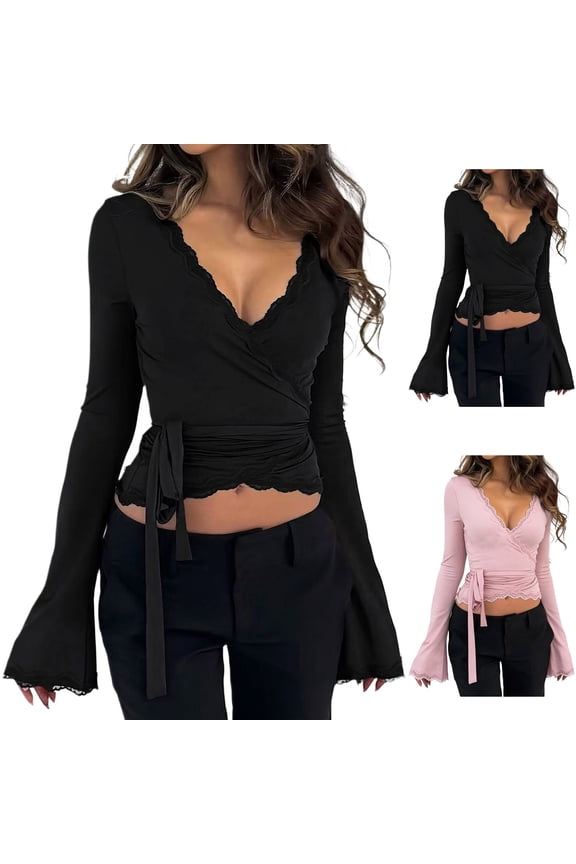 Women's Bell Long Sleeve Wrap Cropped Blouse Slim Fit Deep V Neck Lace Trim Tops Ruched Tie Front Y2K Going Out Date Night Outfit, Black, M
