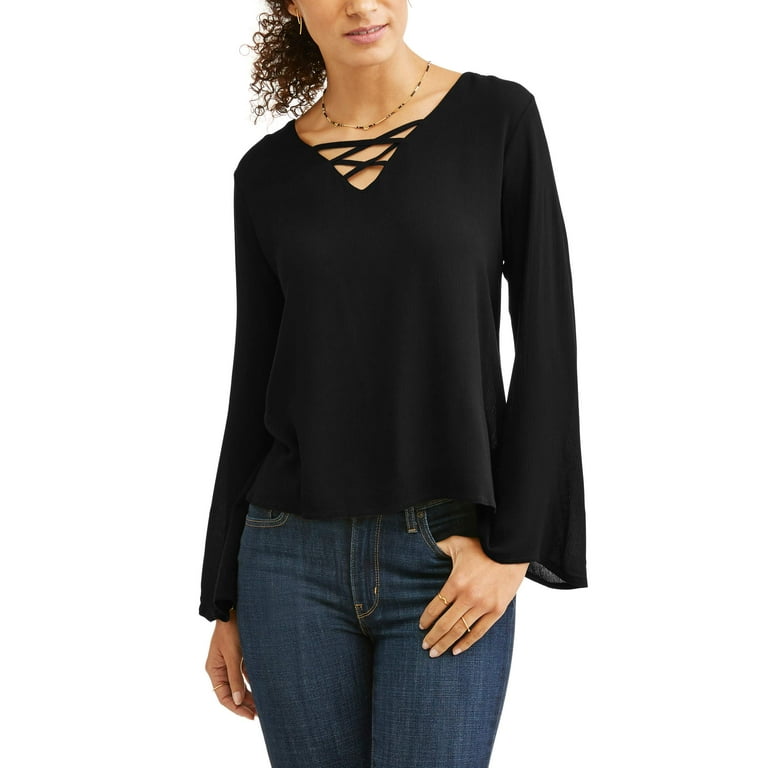 Women s Bell Sleeve Crinkle Knit Peasant Top with Caging Detail Walmart