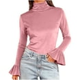 thumbnail image 1 of Women's Bell Sleeve High Neck Shirts, Ribbed Ruched Long Sleeve Tops, Casual Fall Going out Blouses, 1 of 7