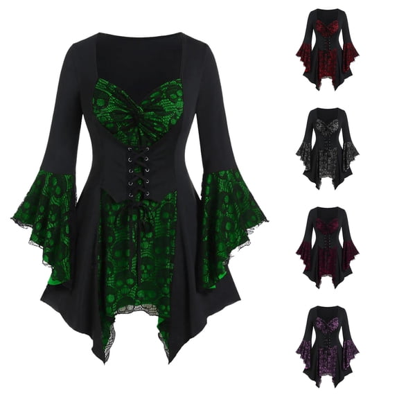 Women's Bell Sleeve Dress Lace up Ruffled Dresses Halloween Cosplay Halloween for Women, Size M