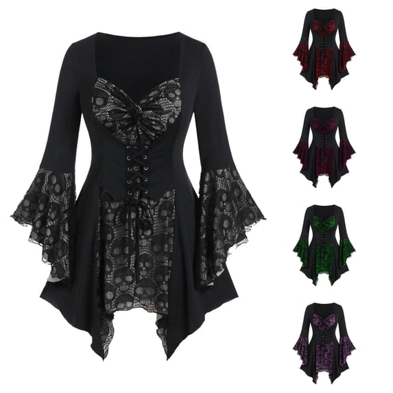 Women's Bell Sleeve Dress Lace up Ruffled Dresses Halloween Cosplay Halloween for Women, Size M