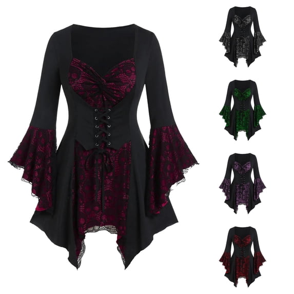 Women's Bell Sleeve Dress Lace up Ruffled Dresses Halloween Cosplay Halloween for Women, Size XL