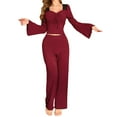 thumbnail image 1 of Women’s Bell Sleeve Ruched Lounge Set – Lace Crop Top & Wide-Leg Pants (2025 Y2K-Inspired Loungewear), 1 of 8