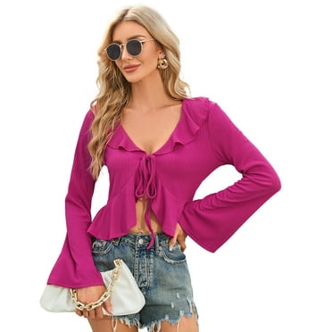 Women's Bell Sleeve Tops Tie Front Deep V Neck Knit Y2K Crop Top