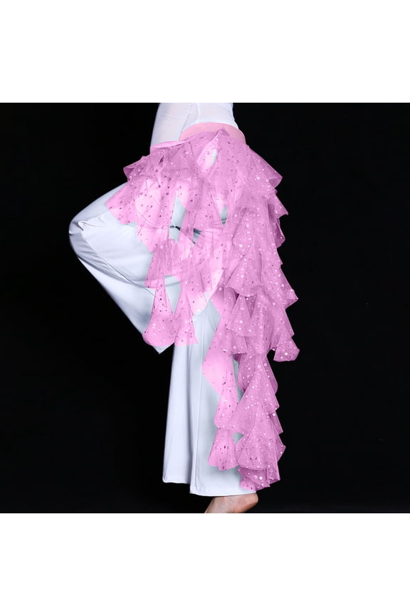 Women's Belly Dance Hip Scarf Waving Cut Skirt with Tassel Sparkly Mesh Skirts One Size
