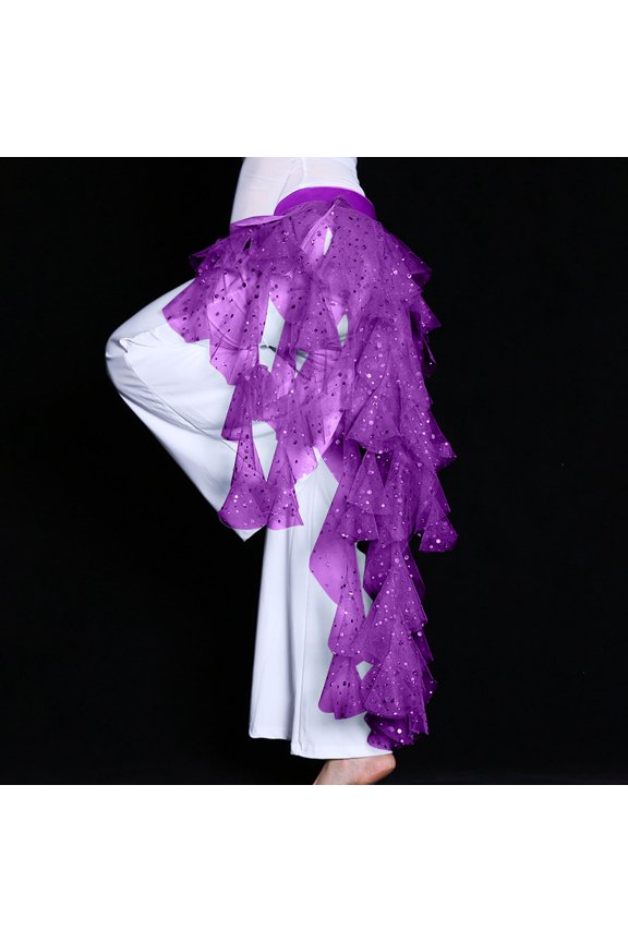 Women's Belly Dance Hip Scarf Waving Cut Skirt with Tassel Sparkly Mesh Skirts Purple One Size