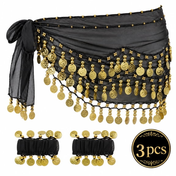 Women’s Belly Dance Hip Scarf and Bracelet Set Chiffon Belt for Halloween, Black