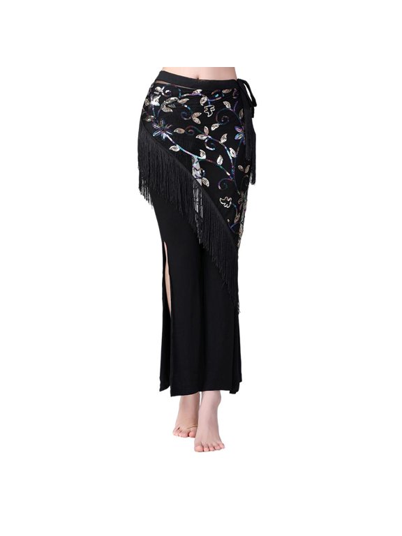 Women's Belly Dance Hip Scarf with Fringe Sequins Mesh Triangle Skirt Hip Scarf Black Colorful