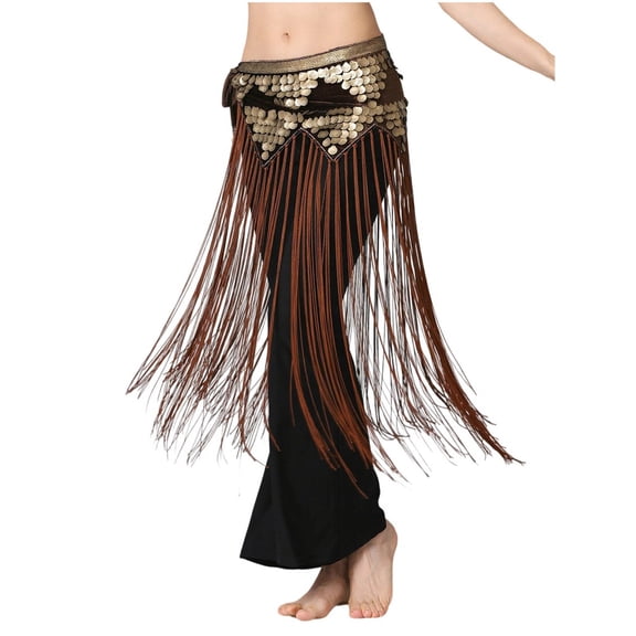 Women's Belly Dance Hip Scarf with Tassels Sequined Fringe Skirt Wrap for Dance Performance Brown Free Size