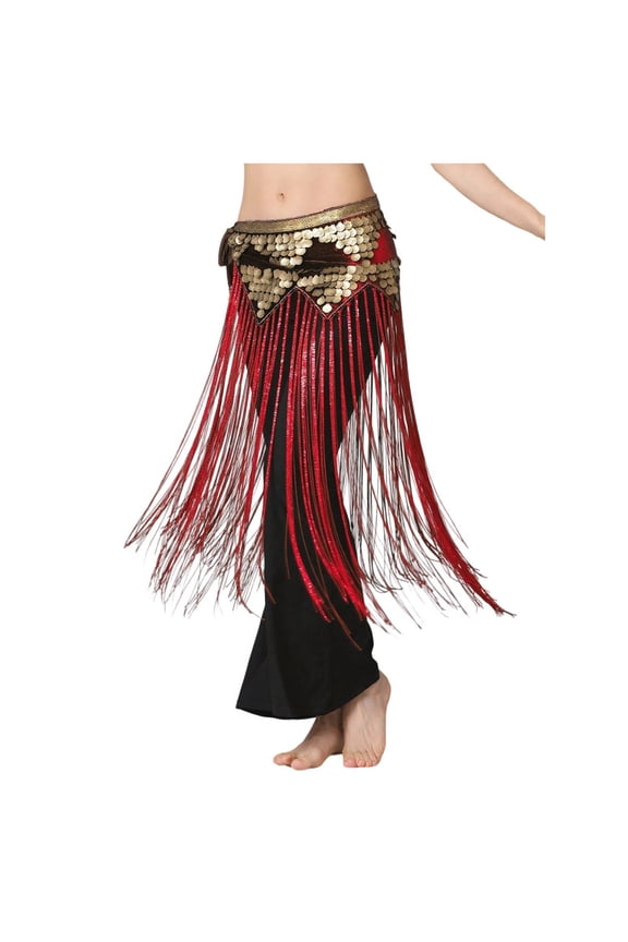 Women's Belly Dance Hip Scarf with Tassels Sequined Fringe Skirt Wrap for Dance Performance Red Free Size