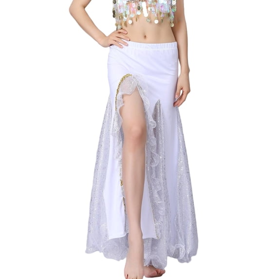 Women's Belly Dance Performance Maxi Skirt Sparkle Mesh Ruffle High-Slit Belly Dance Long Skirt
