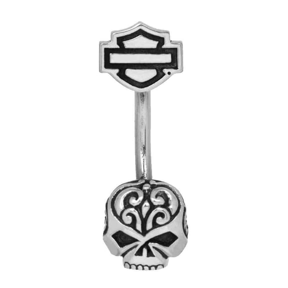 Women's Belly Jewel, Filigree Willie G Skull, Silver HDZ0062, Harley Davidson