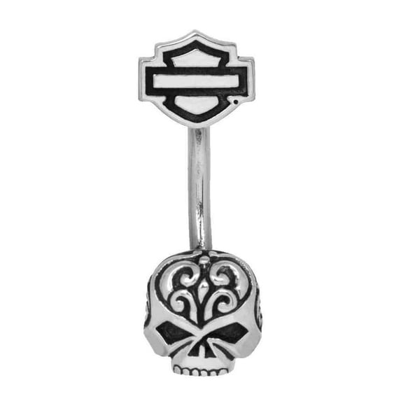 Women's Belly Jewel, Filigree Willie G Skull, Silver HDZ0062, Harley Davidson