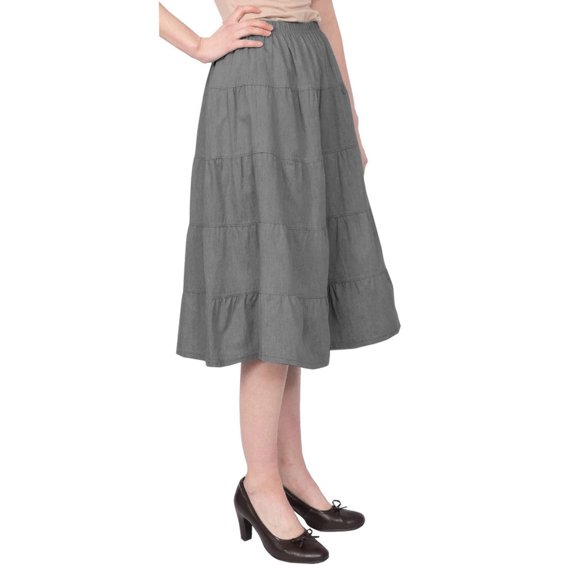 Women's Below the Knee Length 5 Tiered Denim Prairie Skirt