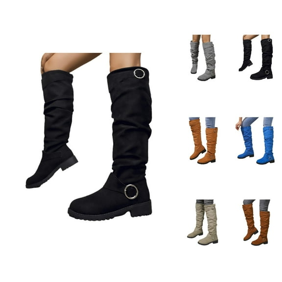 Women's Belt Buckle Knee High Boots, Fashion Low Heel Riding Style Boots for Casual Travel or Fall Outfits
