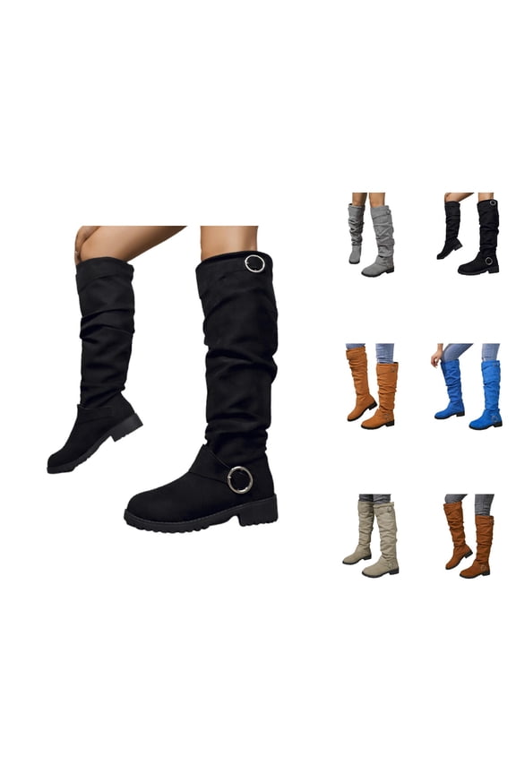 Women's Belt Buckle Knee High Boots, Fashion Low Heel Riding Style Boots for Casual Travel or Fall Outfits