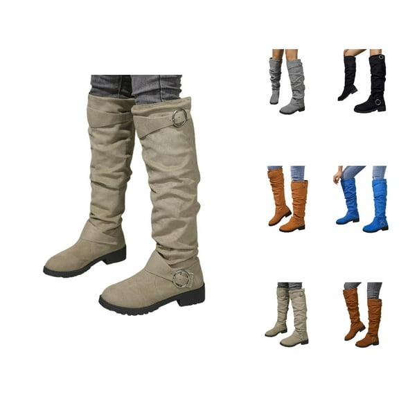Women's Belt Buckle Knee High Boots, Fashion Low Heel Riding Style Boots for Casual Travel or Fall Outfits