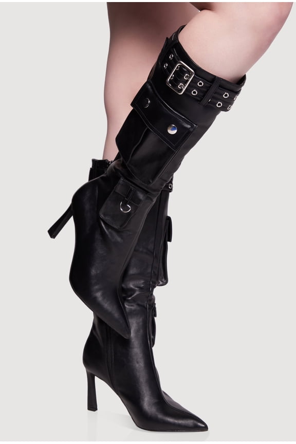 Women's Belt Detail Cargo Pocket Pointed Toe High Heel Boots