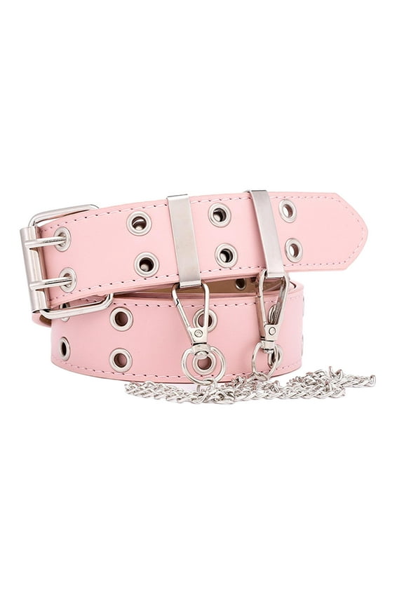 Women's Belt Vintage PU Leather Double Prong Buckle Hollow Party Cosplay Goth Belt Pink with Chain