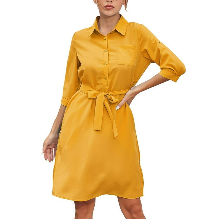 Women s Belted Button Down Shirt Dress Casual Solid Color Long Sleeve Shirt Dresses for Daily Work Wearing Walmart
