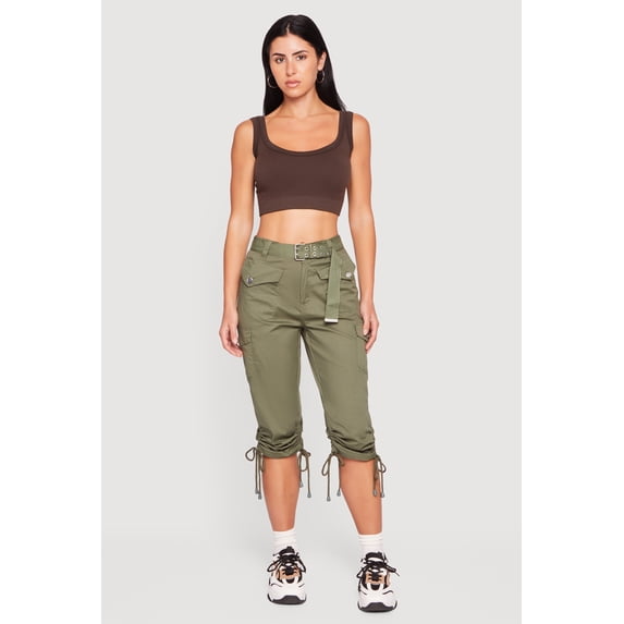 Women's Belted Capri Cargo Pants with Ruched Drawstring Hem