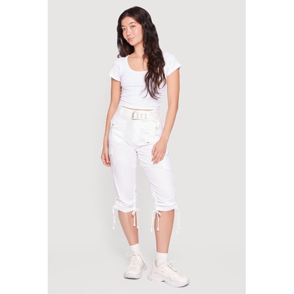 Women's Belted Capri Cargo Pants with Ruched Drawstring Hem