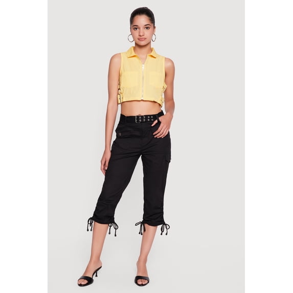 Women's Belted Capri Cargo Pants with Ruched Drawstring Hem