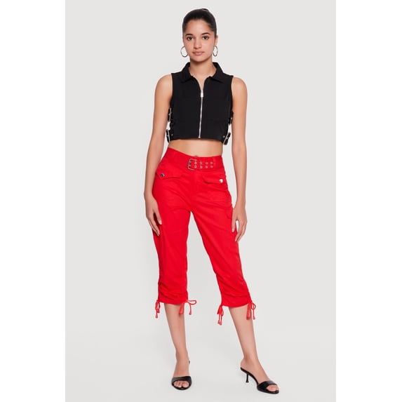 Women's Belted Capri Cargo Pants with Ruched Drawstring Hem