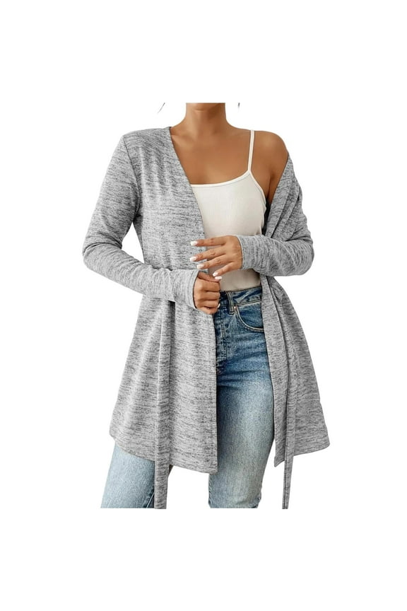 Women's Belted Cardigan - Tie Front Long Sleeve Open Front | Trendy Fall Cover Up Lightweight Office to Lounge Layer Minimalist