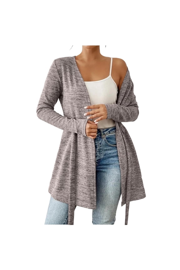 Women's Belted Cardigan - Tie Front Long Sleeve Open Front | Trendy Fall Cover Up Lightweight Office to Lounge Layer Minimalist