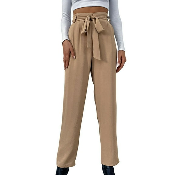 Women's Belted High Waist Straight Pants Solid Color Casual Loose Fit Work Long Pants Trousers with Pockets