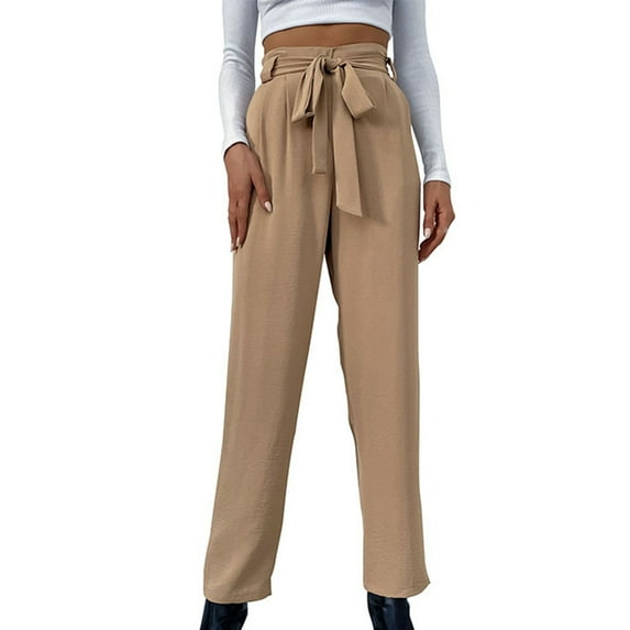 Women's Belted High Waist Straight Pants Solid Color Casual Loose Fit Work Long Pants Trousers with Pockets