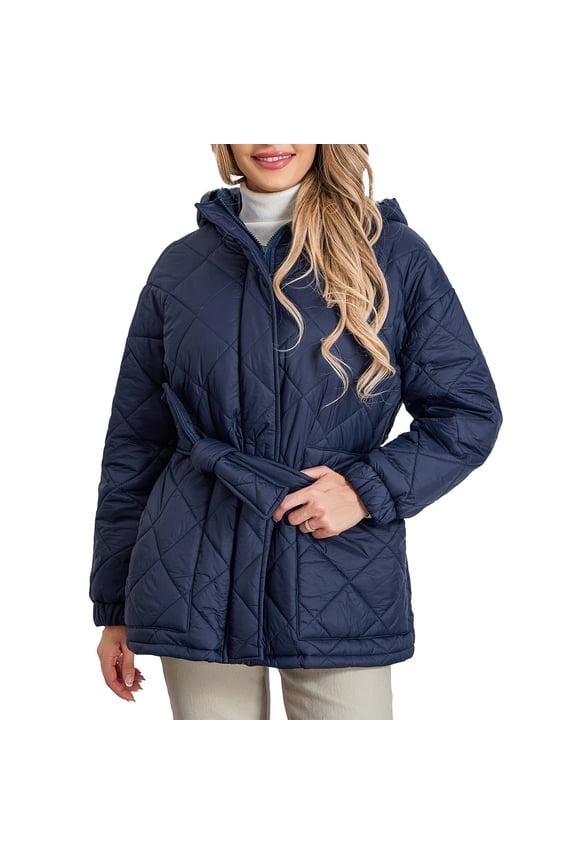 Women's Belted Puffer Jacket Winter Warm Quilted Coat Long Sleeve Zip Up Outwear with Hood