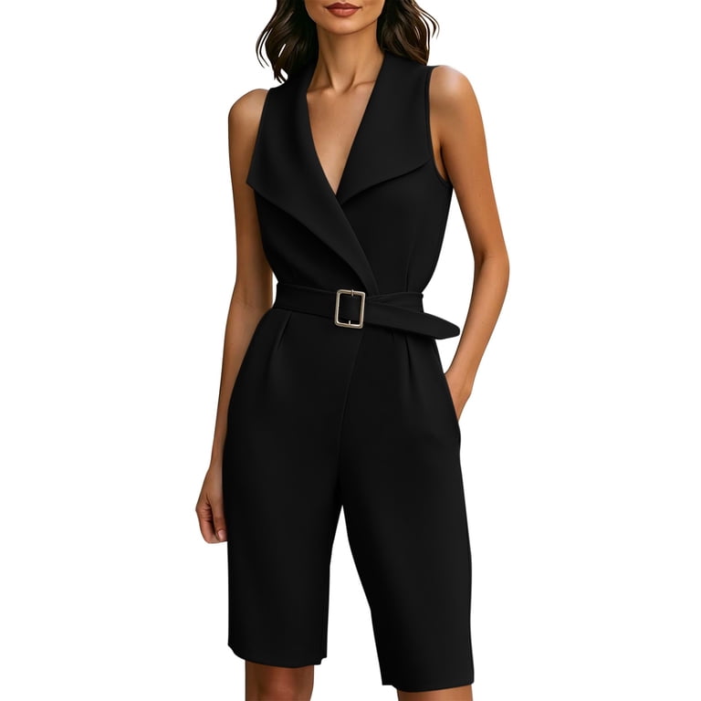 ladies dress shorts jumpsuit CWSJS0602_STRAPLESS ROMPER Plus Size Beach Vacation Travel Jumpsuit Women's Belted Rompers, Dressy V