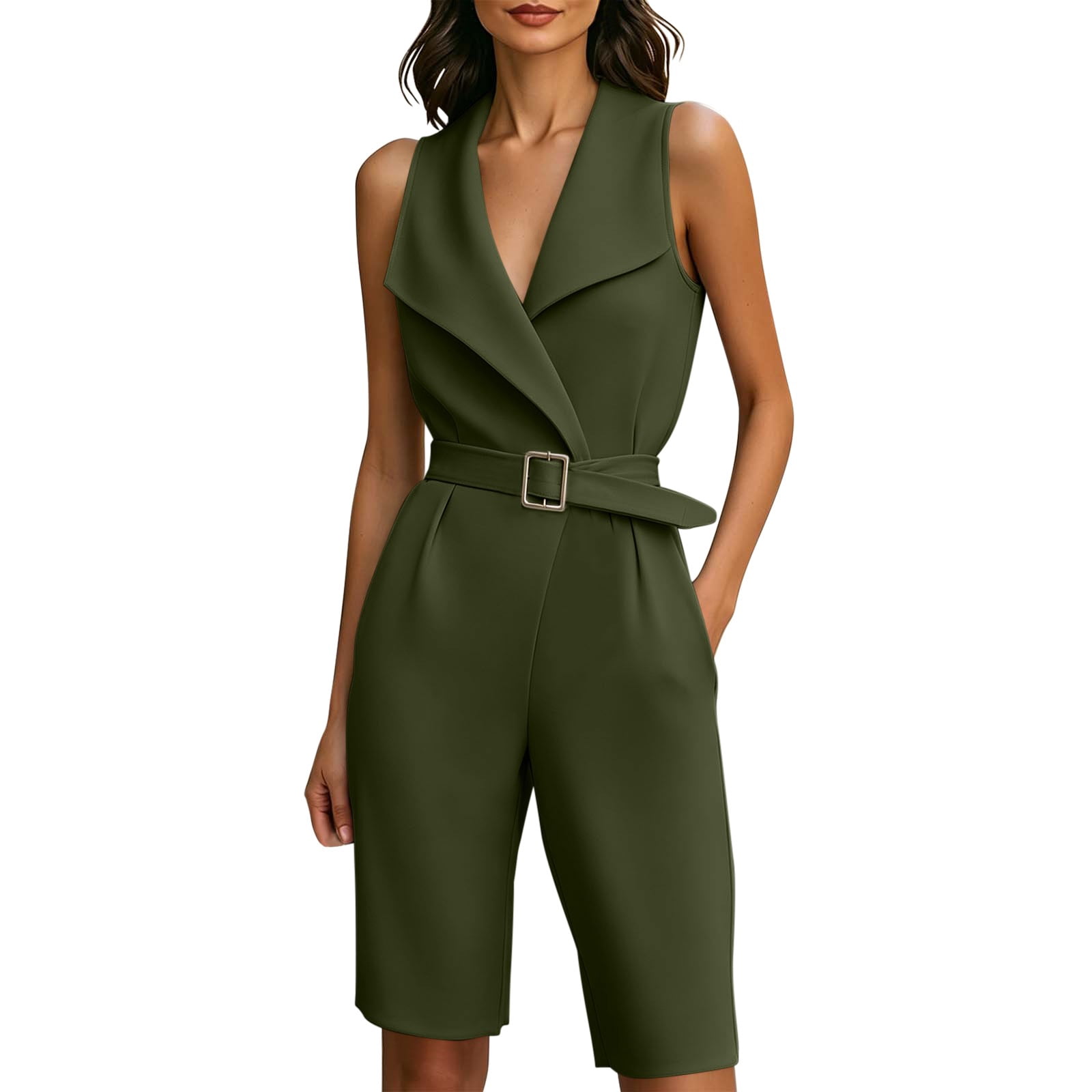 summer ladies dress shorts jumpsuit Aueoeo Beach Clothes for Women, Women's Summer Casual Sleeveless Jumpsuits Solid Color Wide Leg Shorts Halter Jumpsuit Sexy Rompers with Pockets