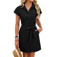 thumbnail image 1 of Women's Belted Shirt Dress, Collar Button Pocket Casual Midi Dress, Polished Day-to-Night Dress for Work or Events, Black - M, 1 of 5