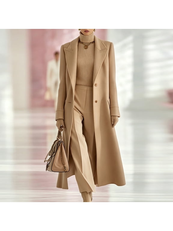 Women's Belted Solid Color Maxi Wool Coat,Notched Lapel Single Breasted Long Winter Overcoat,Elegant Tailored Outerwear for Office 02-Khaki S