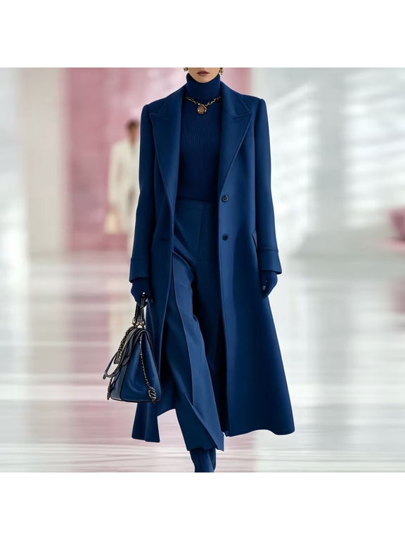 Women's Belted Solid Color Maxi Wool Coat,Notched Lapel Single Breasted Long Winter Overcoat,Elegant Tailored Outerwear for Office 03-Navy L